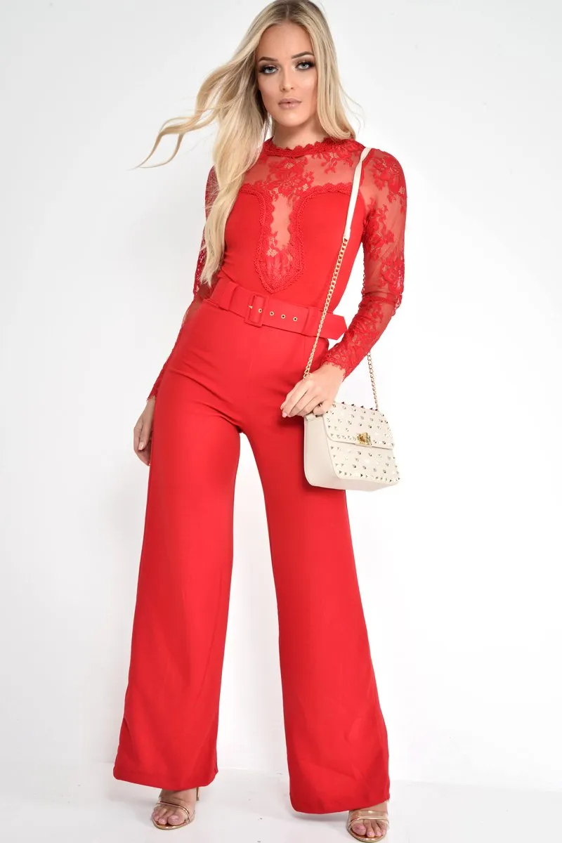 Red Tailored Wide Leg Belted Trousers - Chenelle