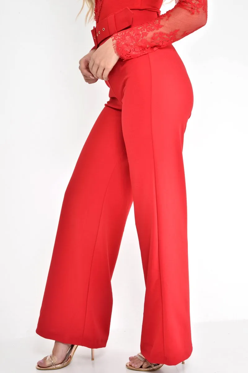 Red Tailored Wide Leg Belted Trousers - Chenelle