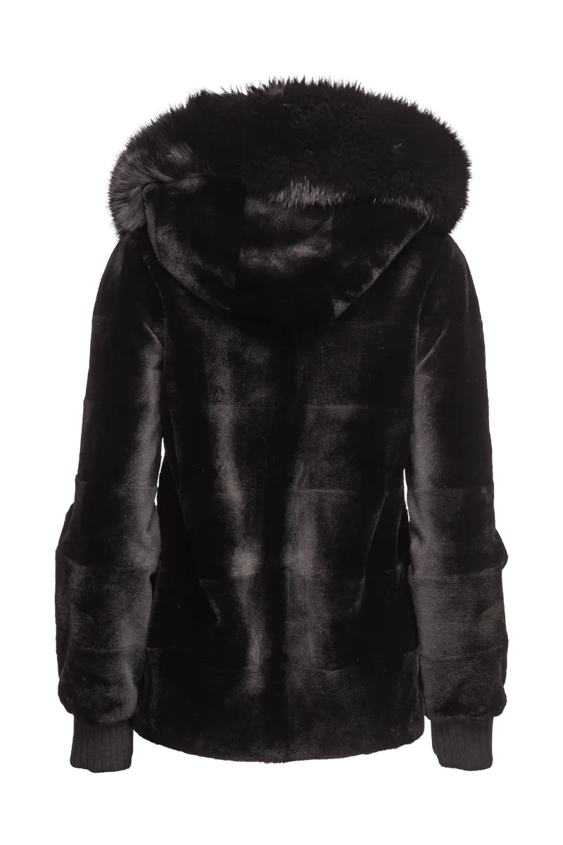 Reversible Plaid & Black Sheared Mink Fur Jacket - Fox Trimmed Hood