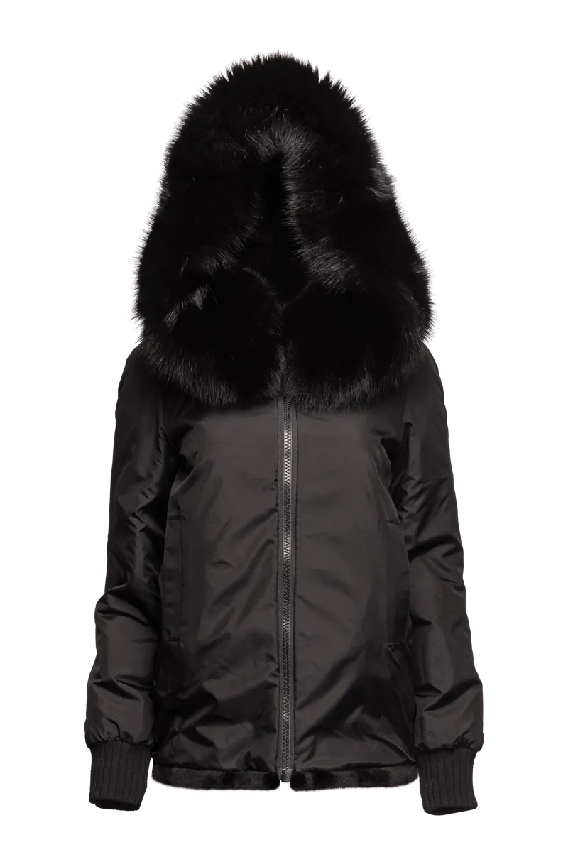 Reversible Plaid & Black Sheared Mink Fur Jacket - Fox Trimmed Hood