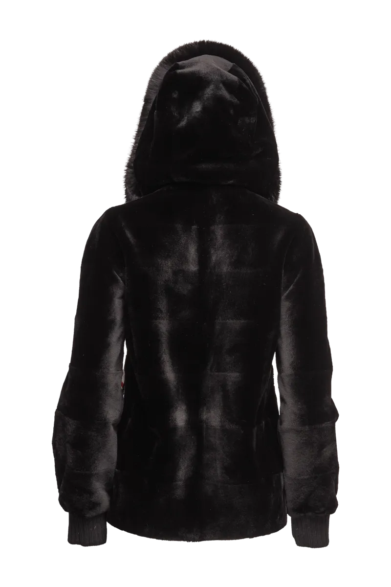 Reversible Plaid & Black Sheared Mink Fur Jacket - Fox Trimmed Hood