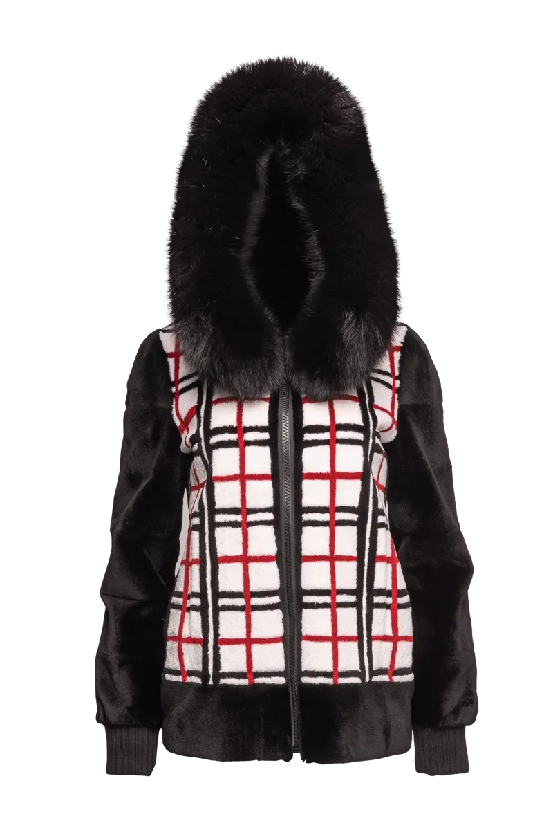 Reversible Plaid & Black Sheared Mink Fur Jacket - Fox Trimmed Hood