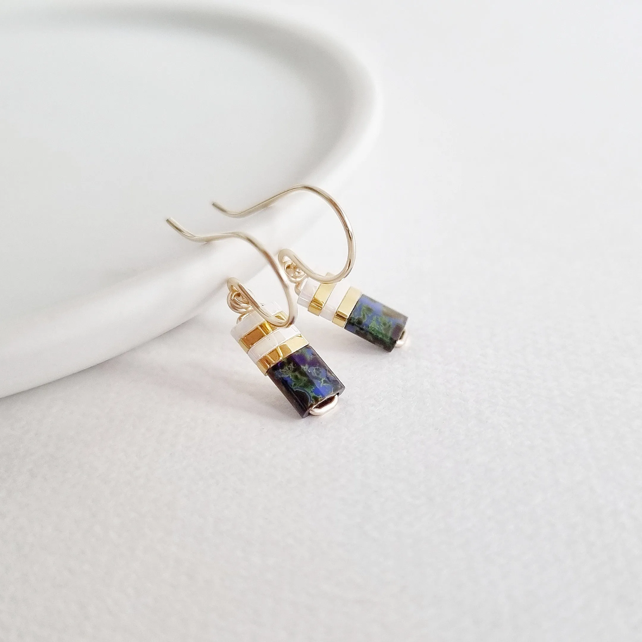 STAK Baby Earrings (Picasso Blue & White) / Japanese Beads | 14k Gold-filled