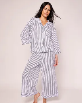 The Olivia Wide Leg Pima Pajama Set | Navy French Ticking