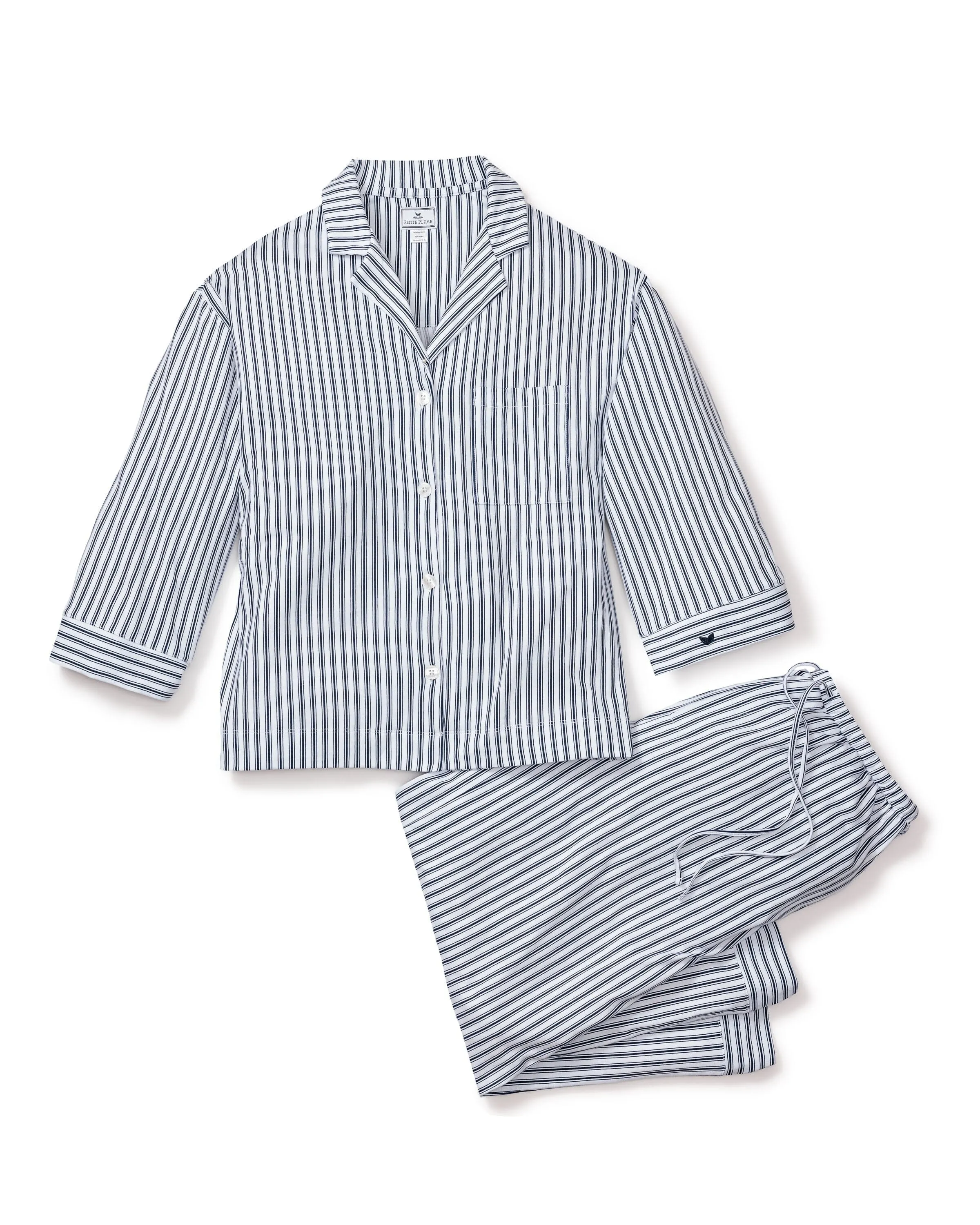 The Olivia Wide Leg Pima Pajama Set | Navy French Ticking