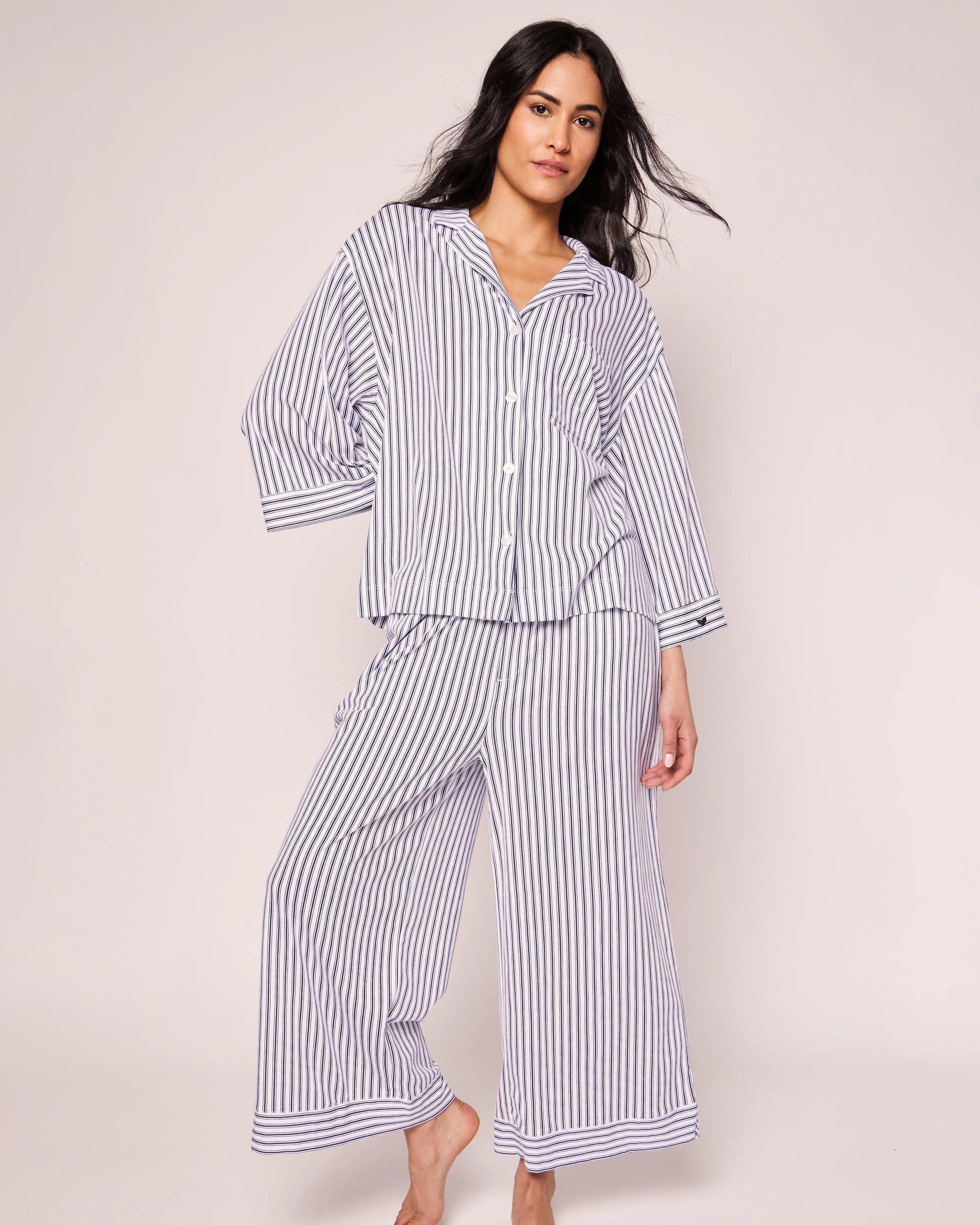 The Olivia Wide Leg Pima Pajama Set | Navy French Ticking