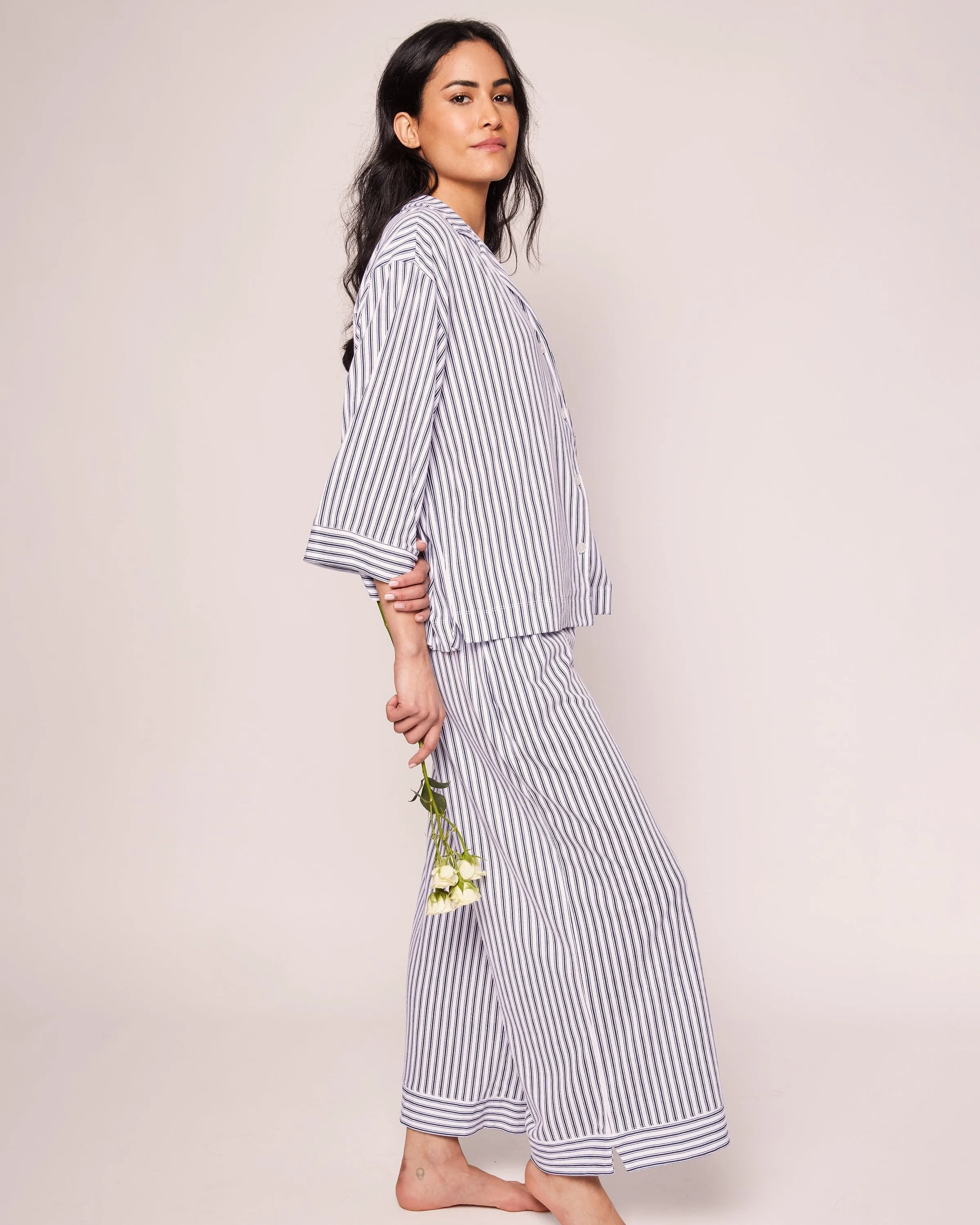 The Olivia Wide Leg Pima Pajama Set | Navy French Ticking