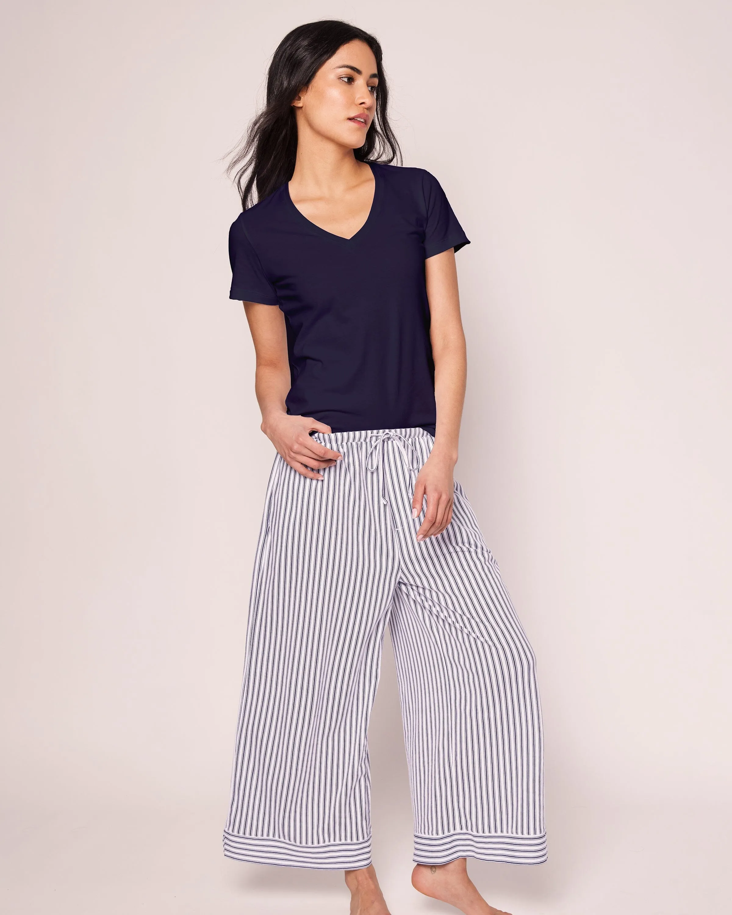 The Olivia Wide Leg Pima Pajama Set | Navy French Ticking