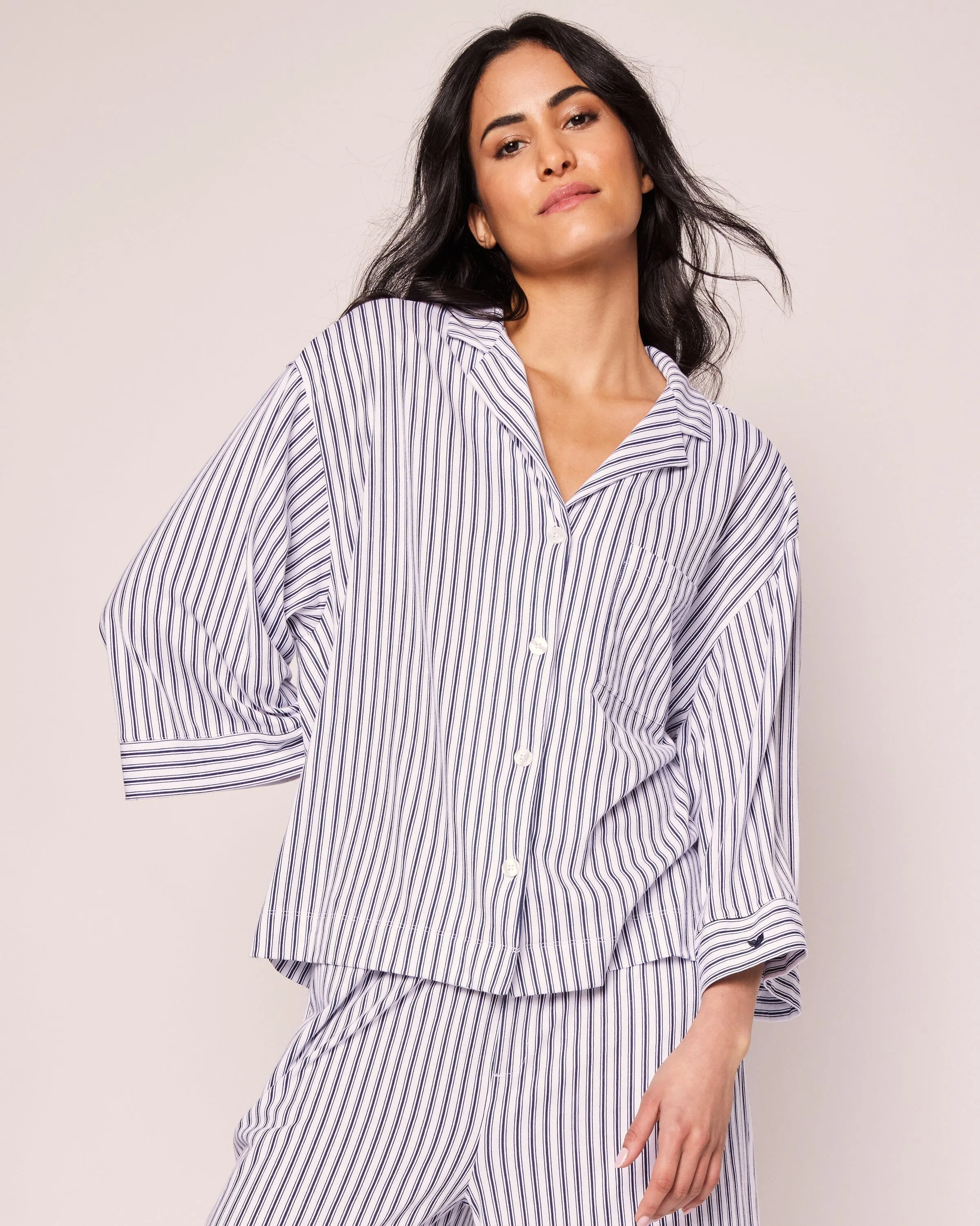 The Olivia Wide Leg Pima Pajama Set | Navy French Ticking