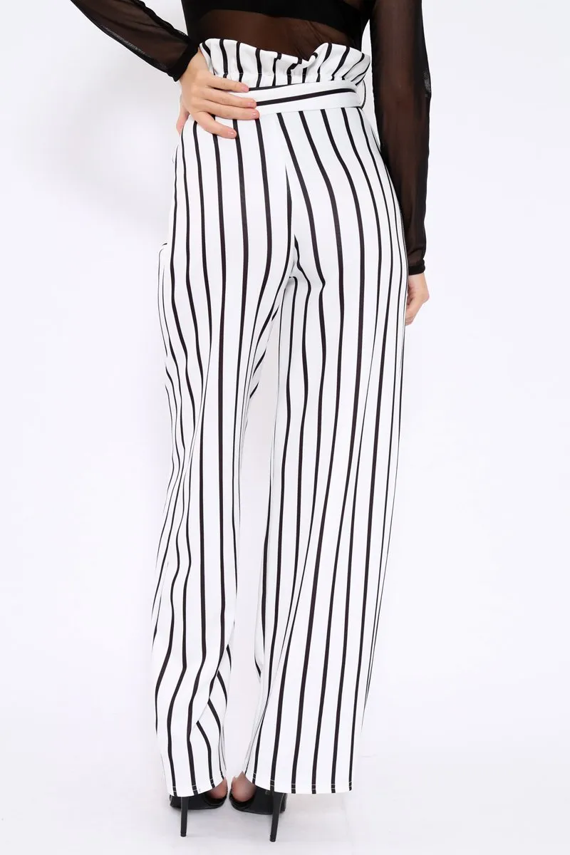 White and Black Stripe Paper Bag Tie Waist Wide Leg Trousers - Kennedy