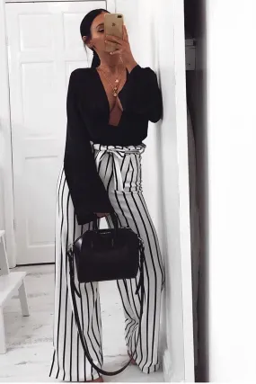 White and Black Stripe Paper Bag Tie Waist Wide Leg Trousers - Kennedy