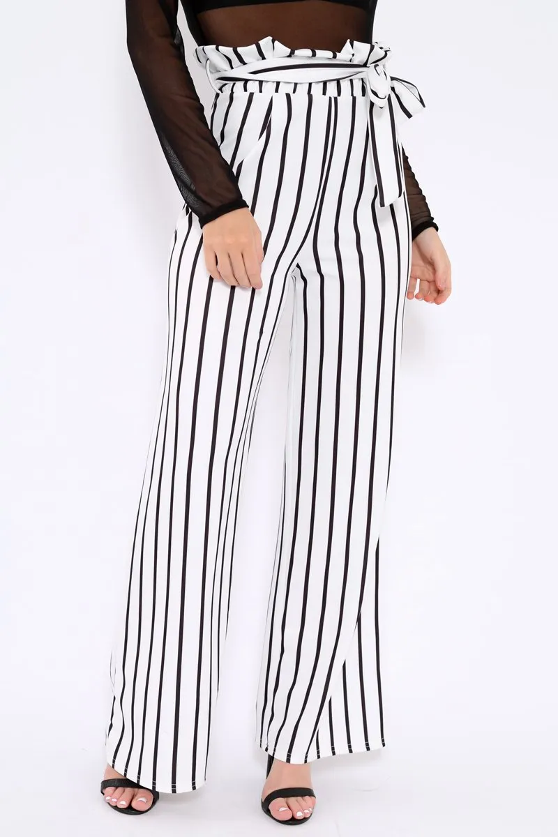 White and Black Stripe Paper Bag Tie Waist Wide Leg Trousers - Kennedy