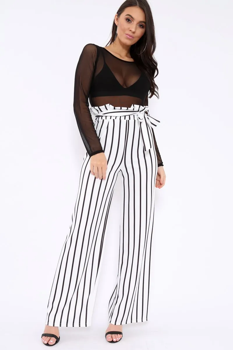 White and Black Stripe Paper Bag Tie Waist Wide Leg Trousers - Kennedy