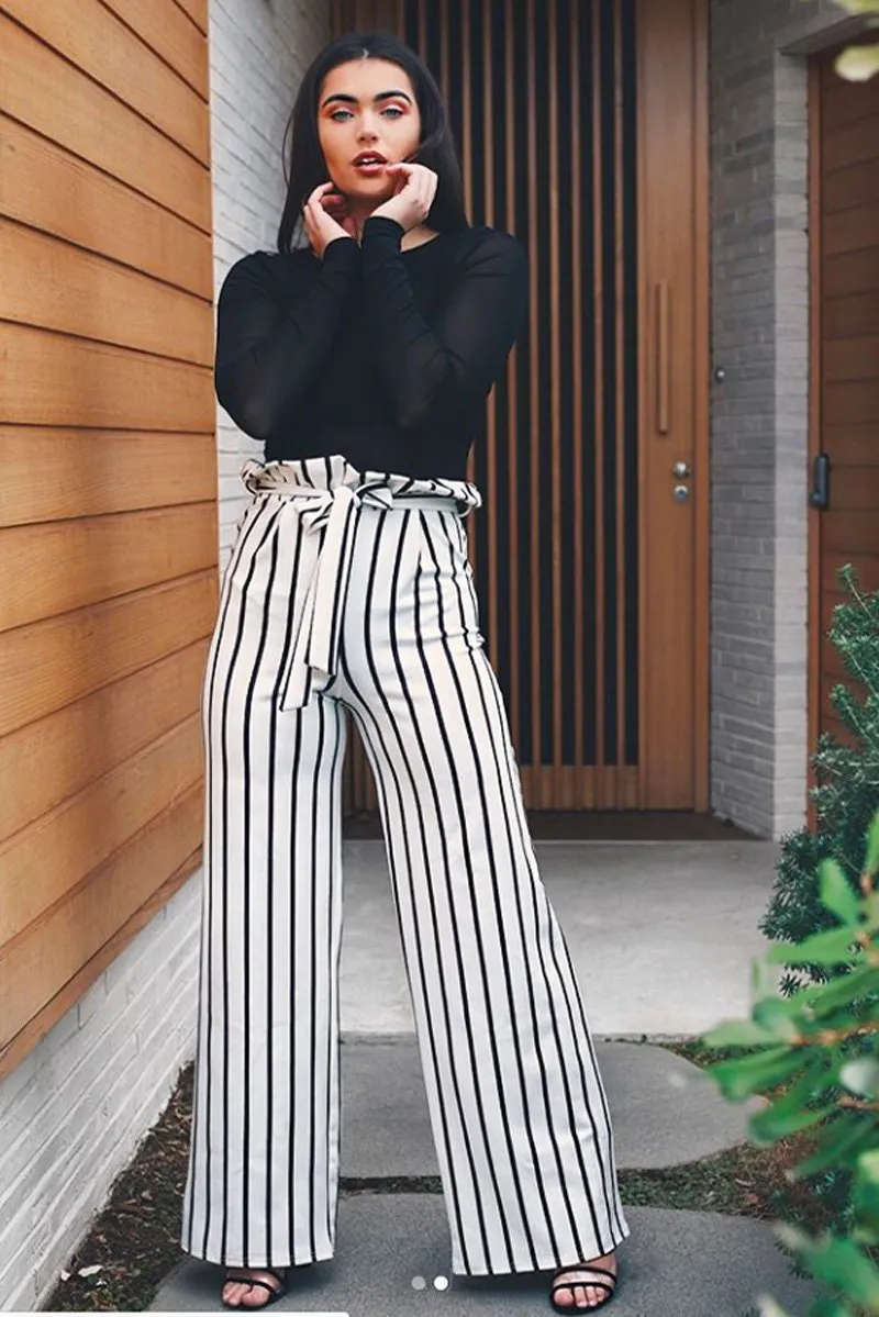 White and Black Stripe Paper Bag Tie Waist Wide Leg Trousers - Kennedy