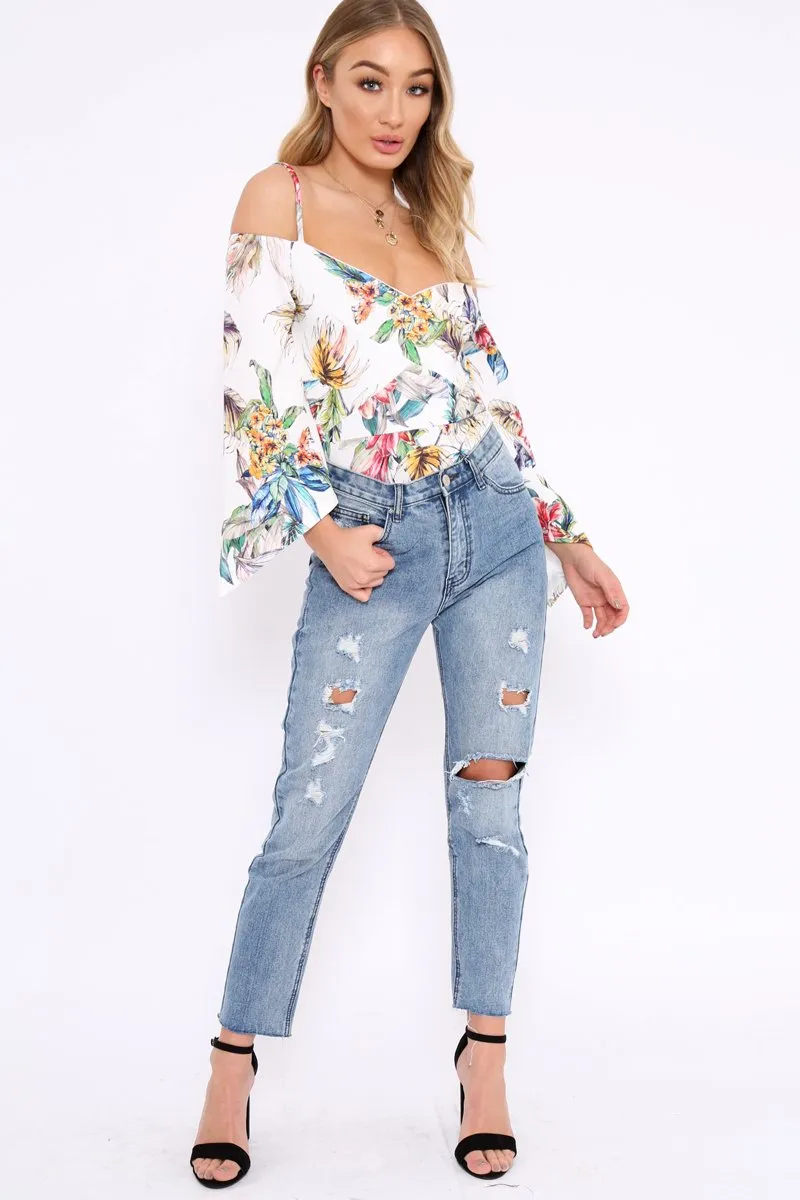 White Floral Print Cold Shoulder Bodysuit - Abiela