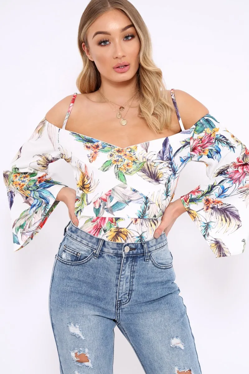 White Floral Print Cold Shoulder Bodysuit - Abiela