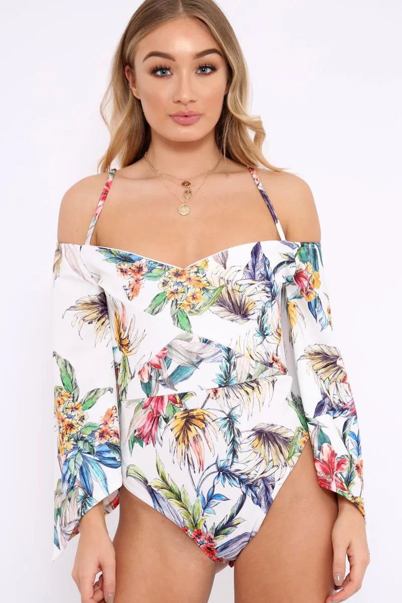 White Floral Print Cold Shoulder Bodysuit - Abiela