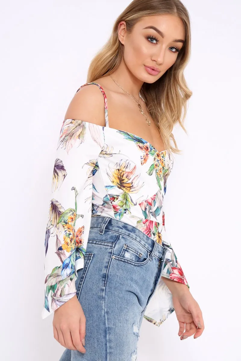 White Floral Print Cold Shoulder Bodysuit - Abiela