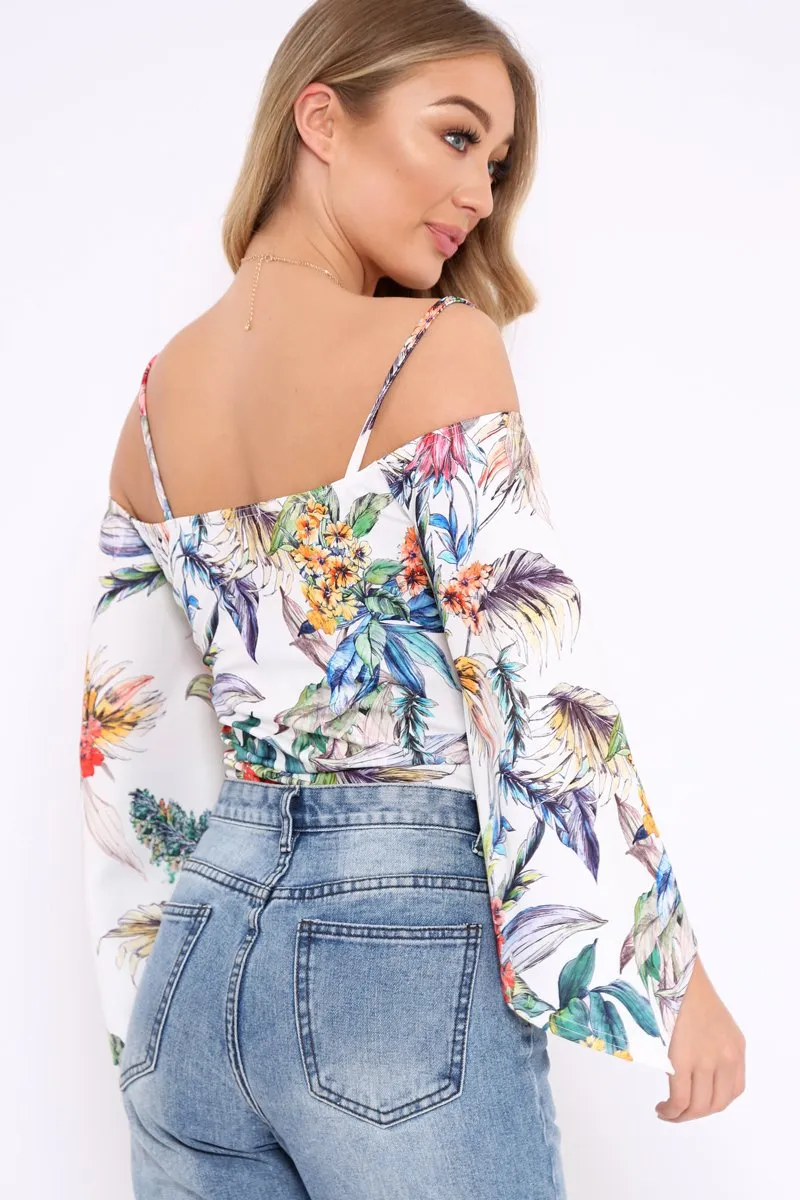 White Floral Print Cold Shoulder Bodysuit - Abiela