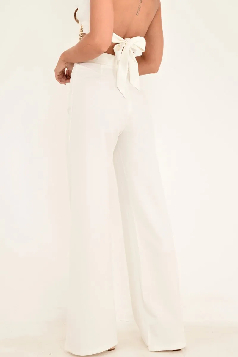 White High Waisted Wide Leg Button Front Trousers - Gidget