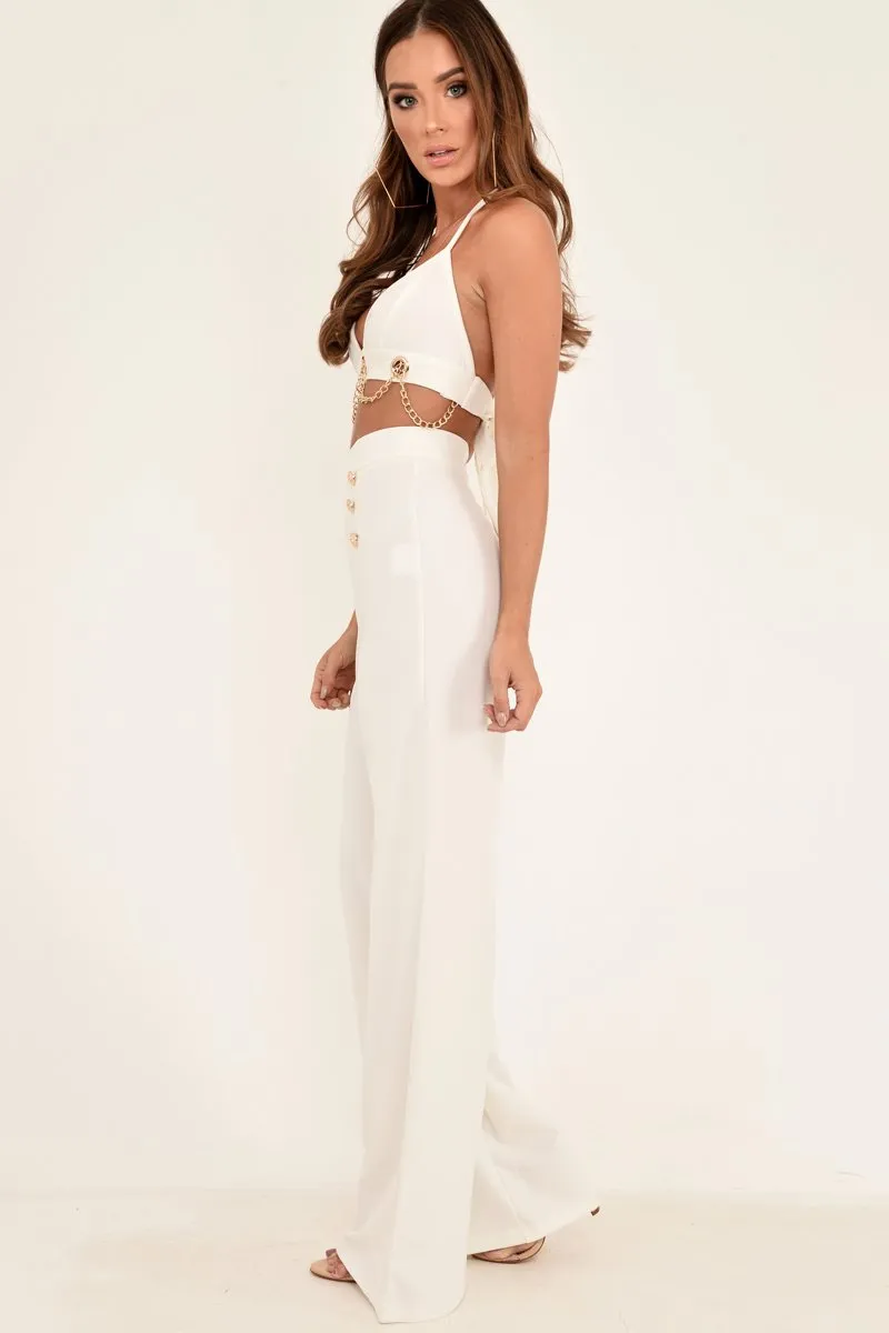 White High Waisted Wide Leg Button Front Trousers - Gidget