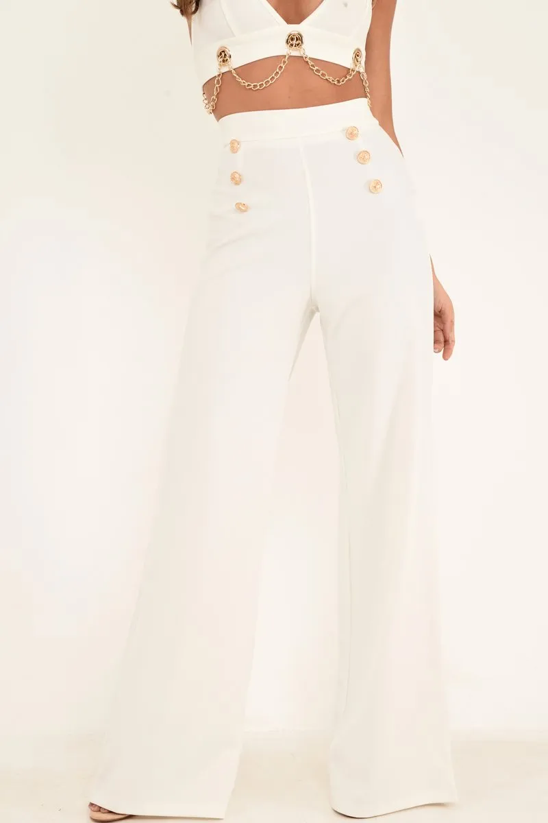 White High Waisted Wide Leg Button Front Trousers - Gidget