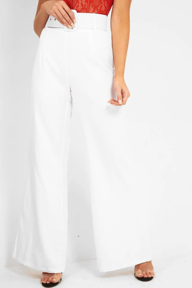 White Tailored Wide Leg Belted Trousers - Chenelle