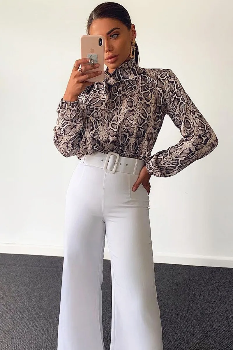 White Tailored Wide Leg Belted Trousers - Chenelle