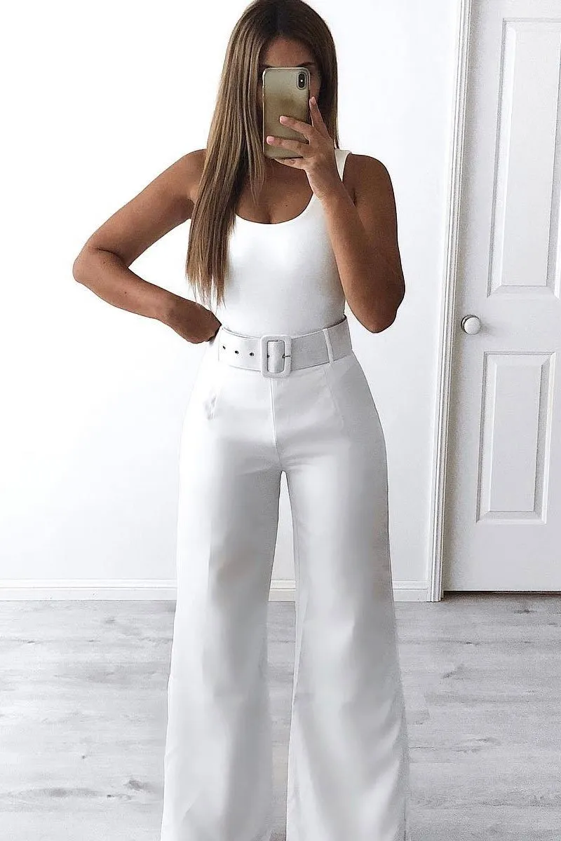 White Tailored Wide Leg Belted Trousers - Chenelle