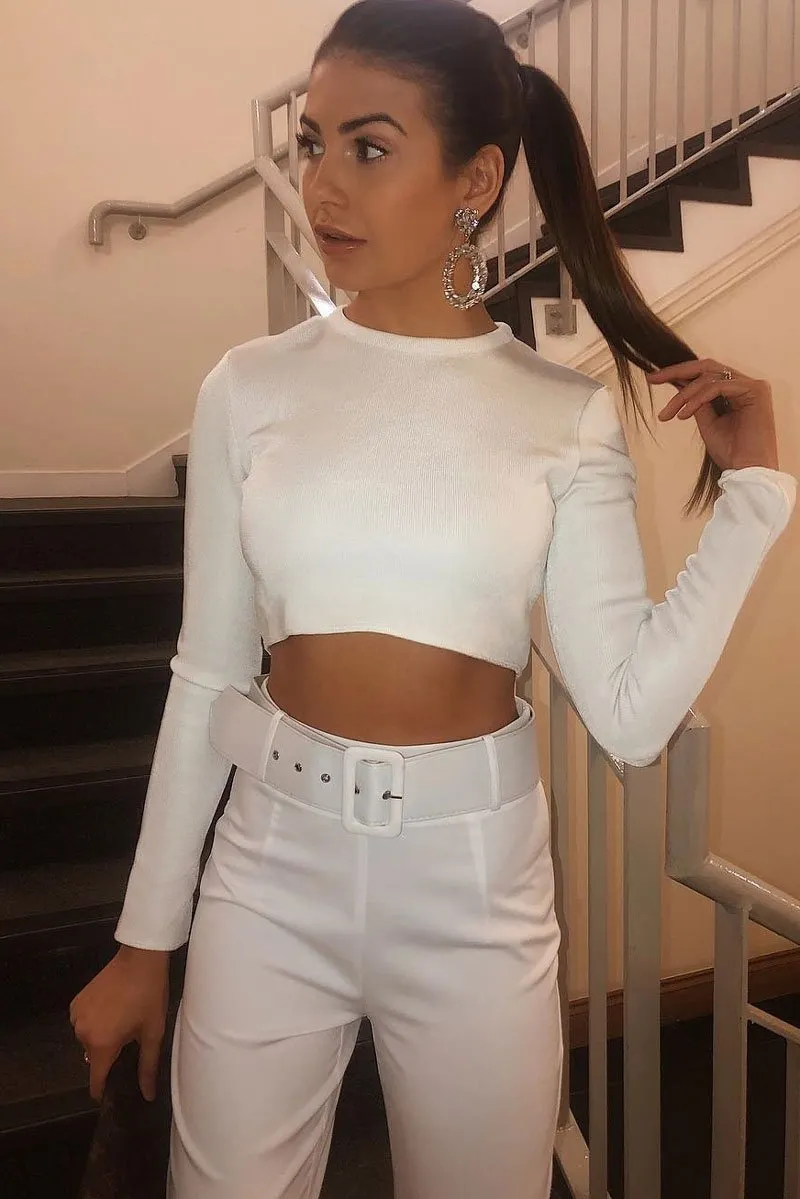 White Tailored Wide Leg Belted Trousers - Chenelle