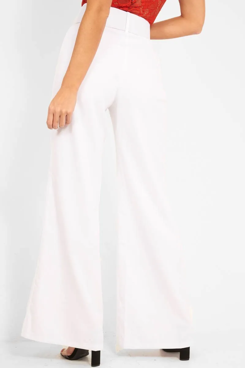 White Tailored Wide Leg Belted Trousers - Chenelle